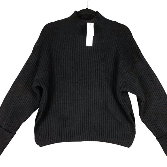 Topshop Black Mock Neck Ribbed Knit Sweater Small 4-6 Cropped Split Hem - Picture 9 of 11